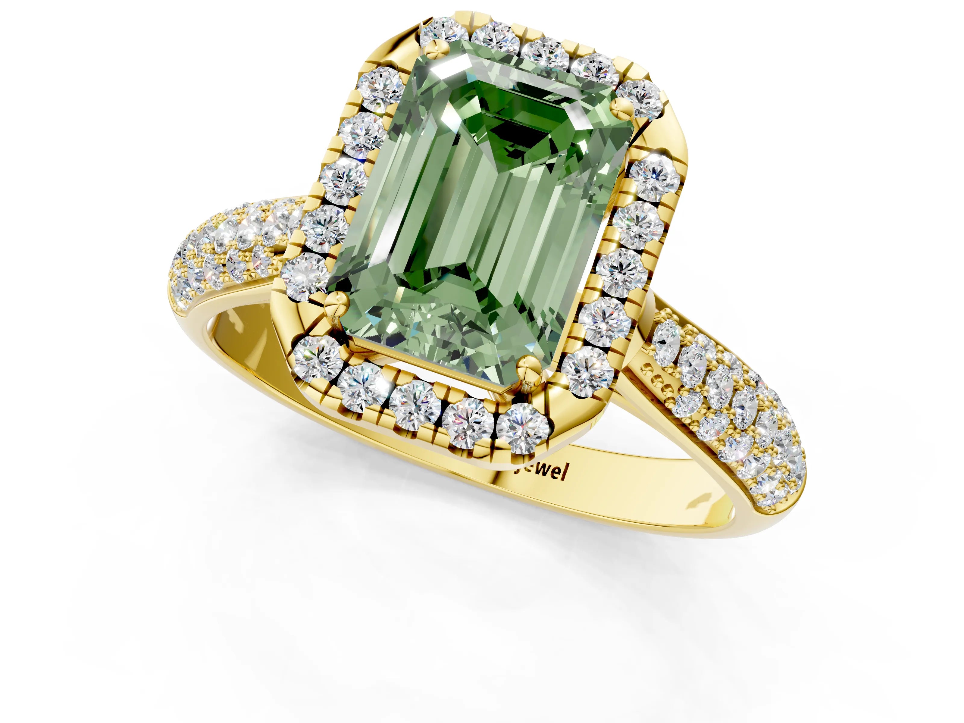 Yellow gold Fancy Green Emerald Cut Halo Diamond Ring with Pavé Band_1