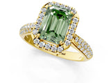 Yellow gold Fancy Green Emerald Cut Halo Diamond Ring with Pavé Band_1