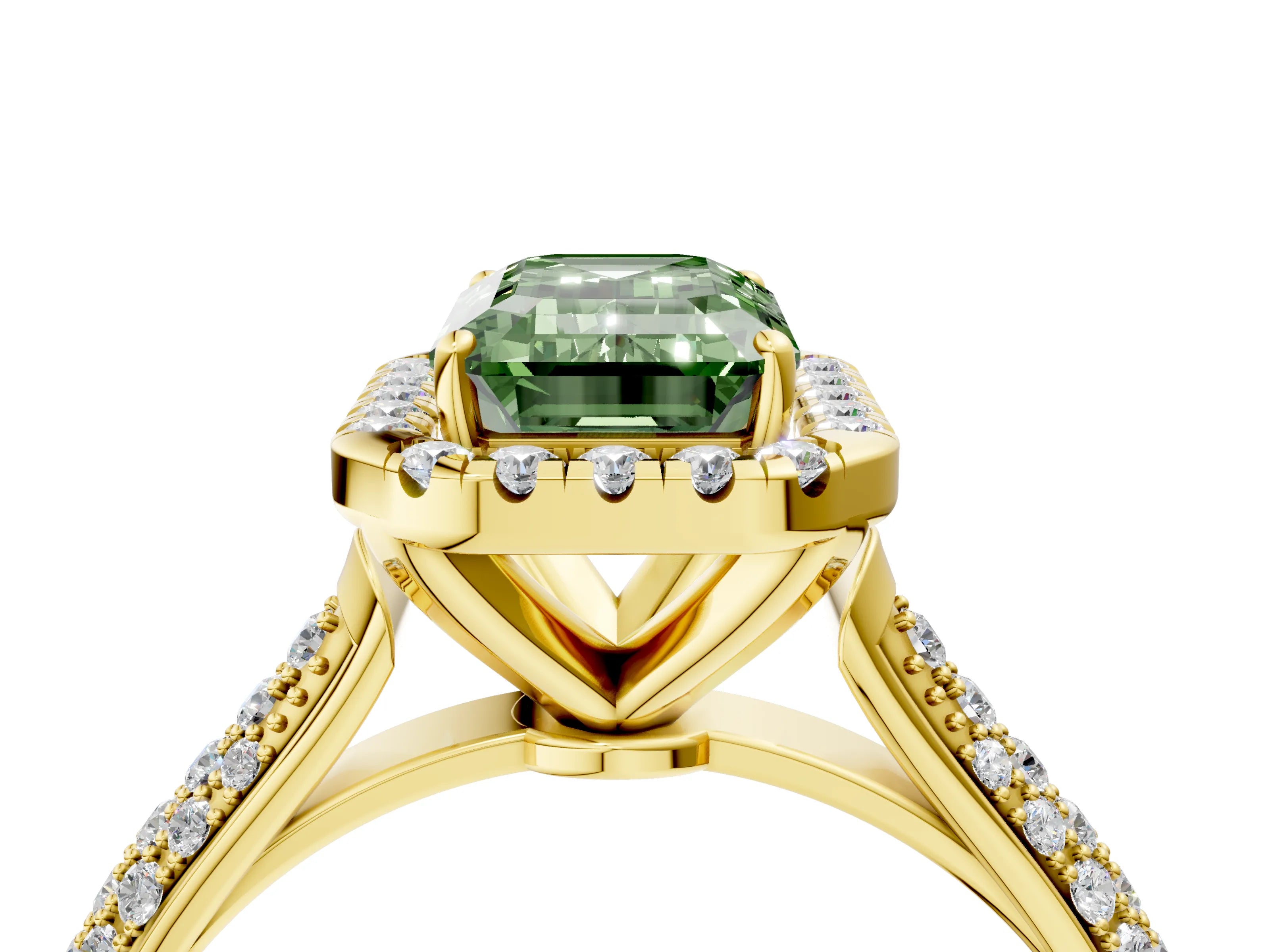 Yellow gold Fancy Green Emerald Cut Halo Diamond Ring with Pavé Band_4