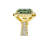 Yellow gold Fancy Green Emerald Cut Halo Diamond Ring with Pavé Band_5