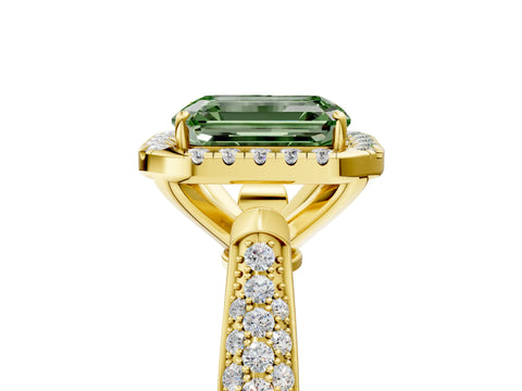Yellow gold Fancy Green Emerald Cut Halo Diamond Ring with Pavé Band_5