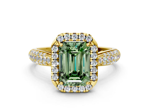 Yellow gold Fancy Green Emerald Cut Halo Diamond Ring with Pavé Band