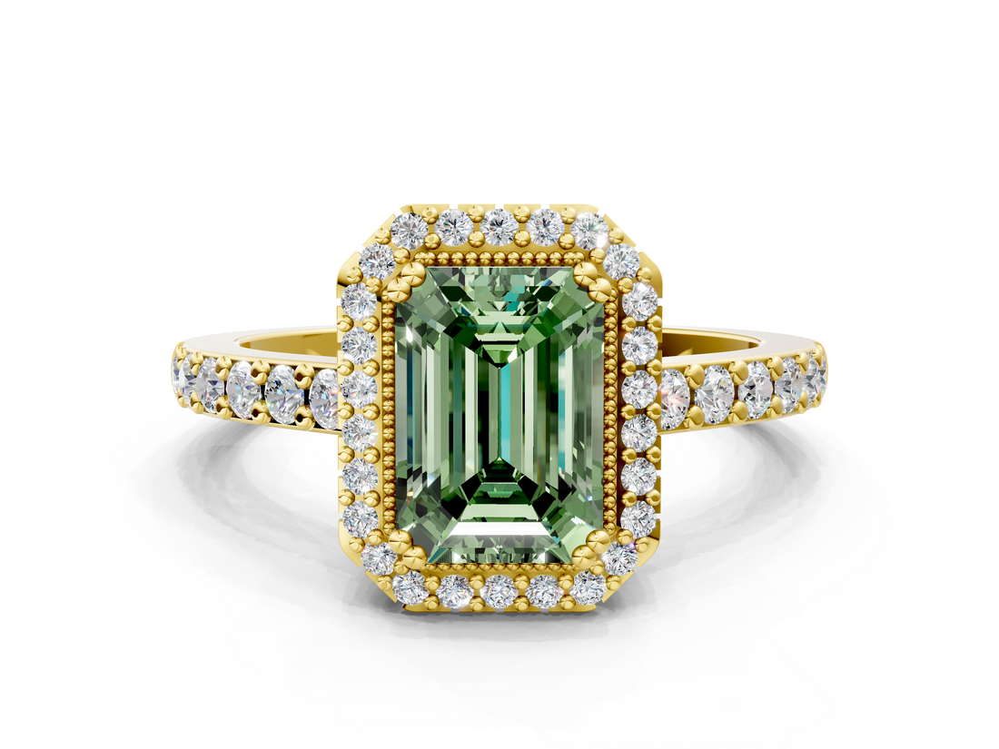 Yellow gold Fancy Green Emerald  Cut Halo Diamond Ring with Pave Band and Four-Prong Setting_24