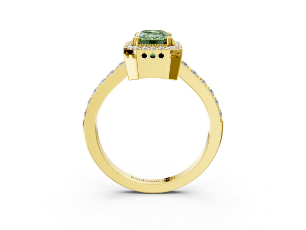 Yellow gold Fancy Green Emerald  Cut Diamond Halo Engagement Ring with Milgrain Detail and Pavé Band