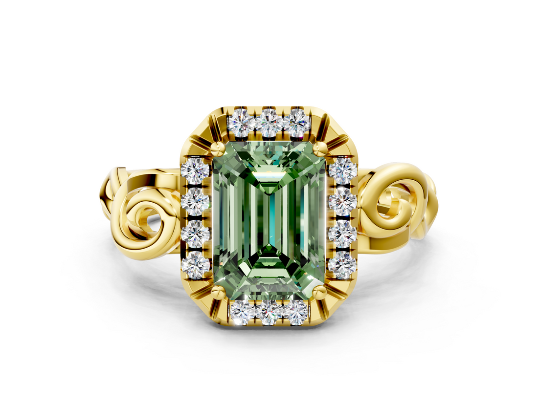 Yellow gold Fancy Green Emerald  Cut Halo Diamond Ring with Scrollwork Band and Four-Prong Setting_89