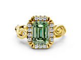 Yellow gold Fancy Green Emerald  Cut Halo Diamond Ring with Scrollwork Band and Four-Prong Setting_89