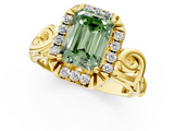 Yellow gold Fancy Green Emerald  Cut Halo Diamond Ring with Scrollwork Band and Four-Prong Setting_90