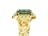 Yellow gold Fancy Green Emerald  Cut Halo Diamond Ring with Scrollwork Band and Four-Prong Setting_94