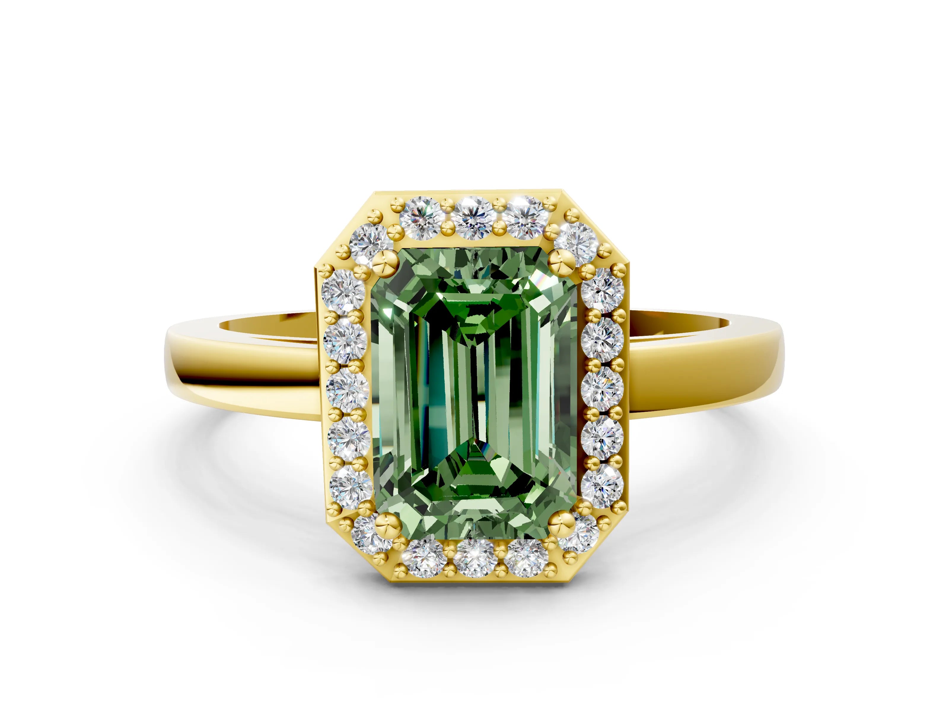 Yellow gold Fancy Green Emerald Cut Halo Diamond Ring with Solitaire Band and Prong Setting