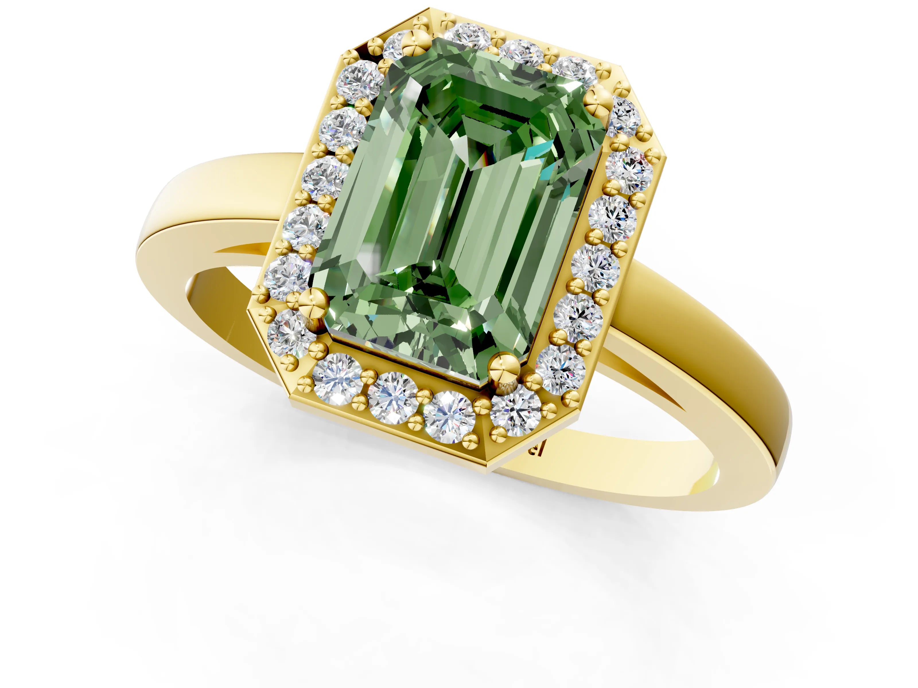 Yellow gold Fancy Green Emerald Cut Halo Diamond Ring with Solitaire Band and Prong Setting_1