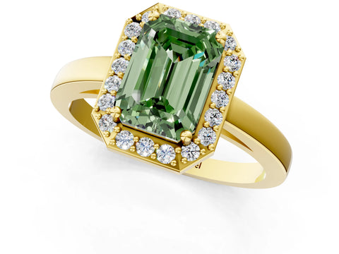 Yellow gold Fancy Green Emerald Cut Halo Diamond Ring with Solitaire Band and Prong Setting_1