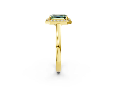 Yellow gold Fancy Green Emerald Cut Halo Diamond Ring with Solitaire Band and Prong Setting_2