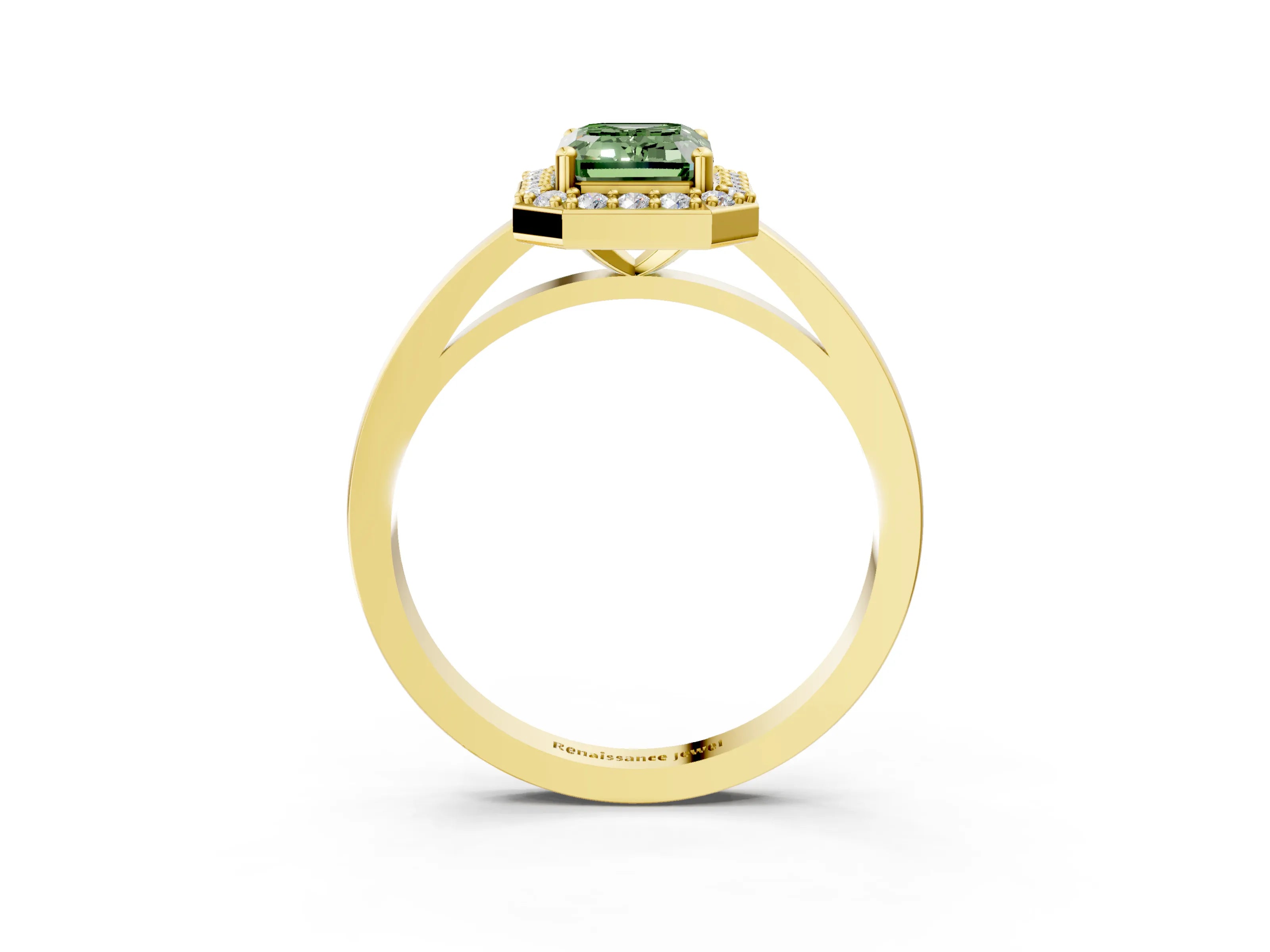 Yellow gold Fancy Green Emerald Cut Halo Diamond Ring with Solitaire Band and Prong Setting_3