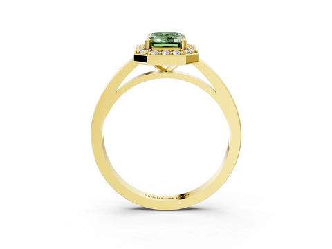 Yellow gold Fancy Green Emerald Cut Halo Diamond Ring with Solitaire Band and Prong Setting_3