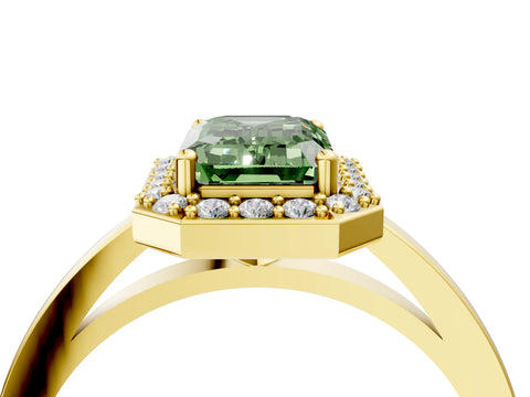 Yellow gold Fancy Green Emerald Cut Halo Diamond Ring with Solitaire Band and Prong Setting_4
