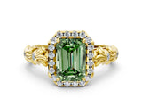 Yellow gold Fancy Green Emerald Cut Halo Diamond Solitaire with Filigree Band and Four-Prong Setting