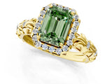 Yellow gold Fancy Green Emerald Cut Halo Diamond Solitaire with Filigree Band and Four-Prong Setting_1