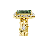 Yellow gold Fancy Green Emerald Cut Halo Diamond Solitaire with Filigree Band and Four-Prong Setting_5