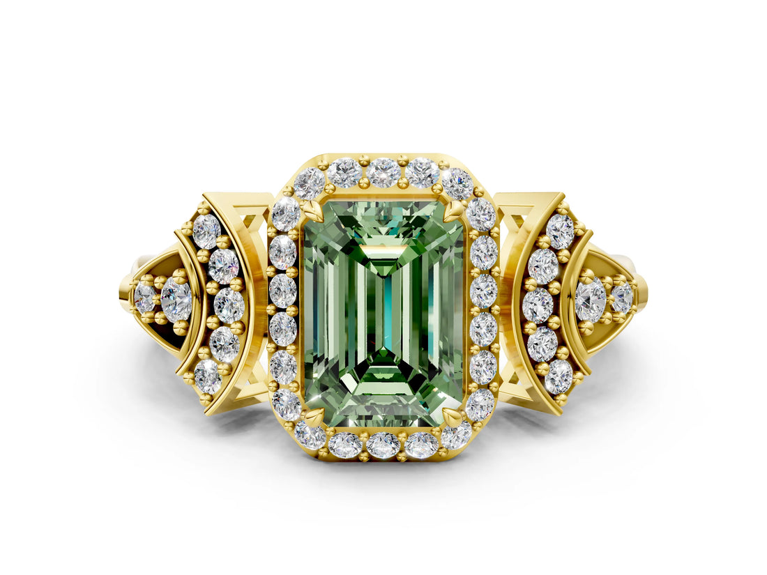 Yellow gold Fancy Green Emerald Cut Halo Diamond Split Shank Engagement Ring with Four-Prong Setting_12