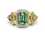 Yellow gold Fancy Green Emerald Cut Halo Diamond Split Shank Engagement Ring with Four-Prong Setting_12