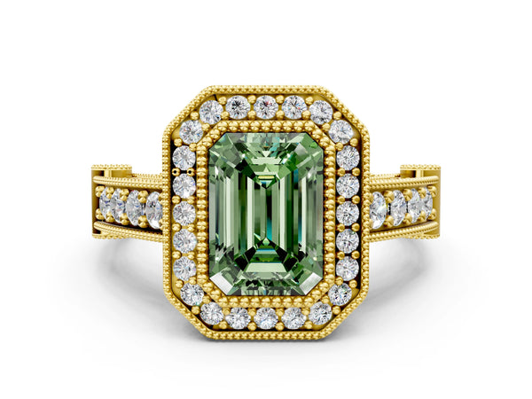Yellow Gold Emerald Cut Vintage Bezel Halo Engagement Ring Setting for Fancy Green Center