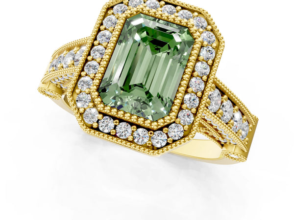 Yellow Gold Emerald Cut Vintage Bezel Halo Engagement Ring Setting for Fancy Green Center