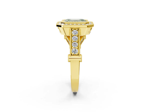 Yellow Gold Emerald Cut Vintage Bezel Halo Engagement Ring Setting for Fancy Green Center