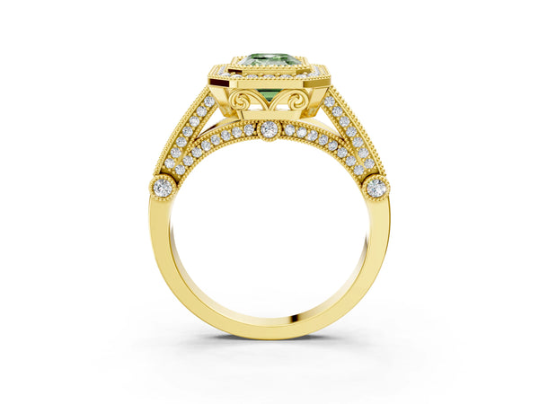 Yellow Gold Emerald Cut Vintage Bezel Halo Engagement Ring Setting for Fancy Green Center