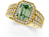 Yellow gold Fancy Green Emerald Cut Halo Diamond Split Shank Ring with Prong Setting_1