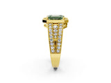 Yellow gold Fancy Green Emerald Cut Halo Diamond Split Shank Ring with Prong Setting_2