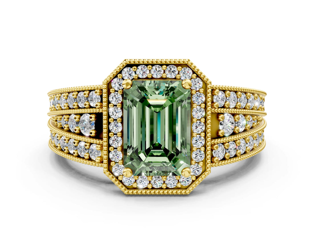 Yellow gold Fancy Green Emerald Cut Halo Diamond Split Shank Ring with Prong Setting_6