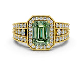 Yellow gold Fancy Green Emerald Cut Halo Diamond Split Shank Ring with Prong Setting_6