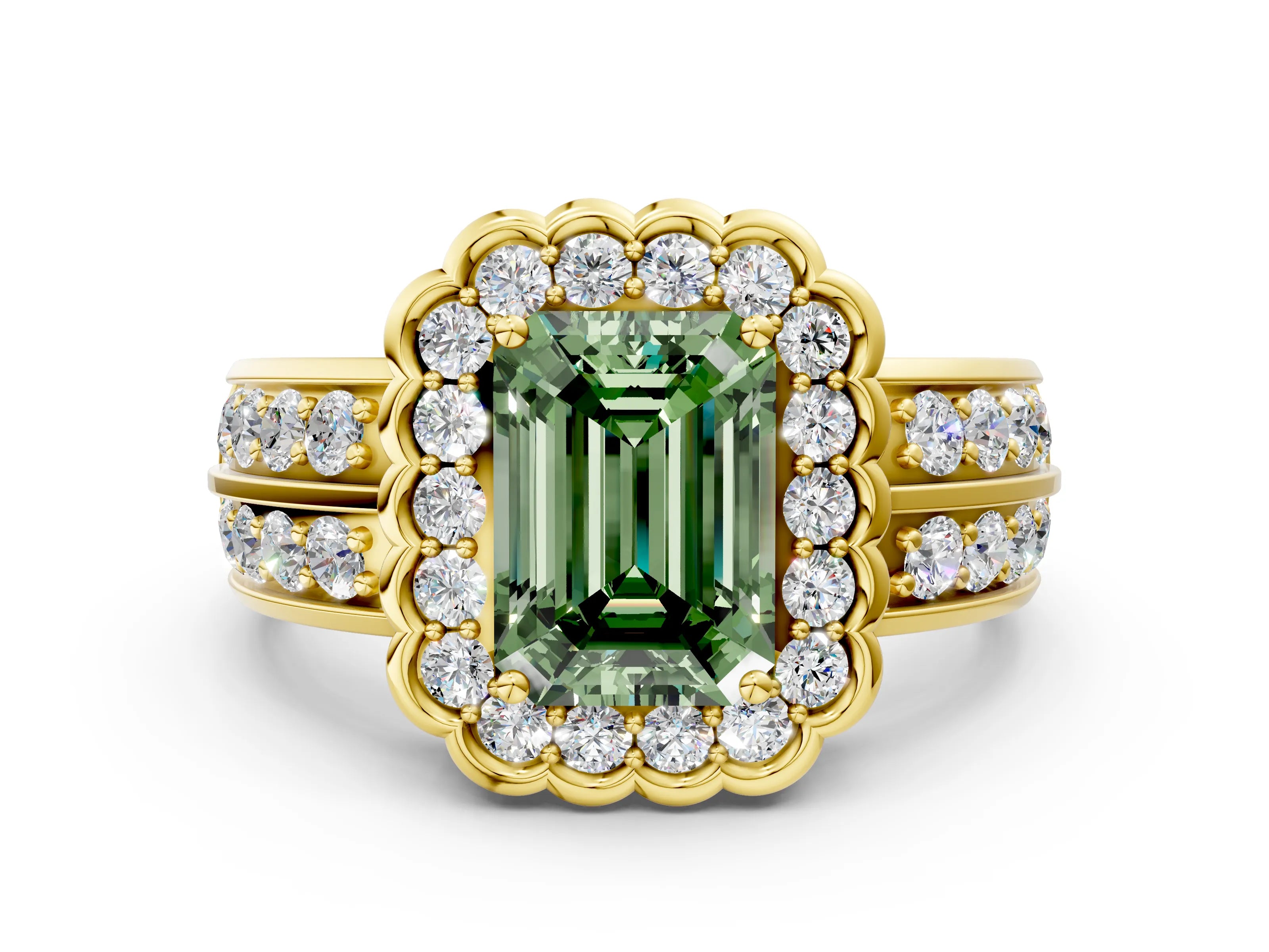 Yellow gold Fancy Green Emerald Cut Halo Diamond Split Shank Ring with Scalloped Prong Setting
