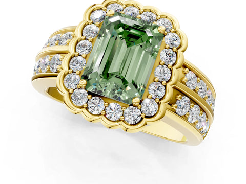 Yellow gold Fancy Green Emerald Cut Halo Diamond Split Shank Ring with Scalloped Prong Setting_1