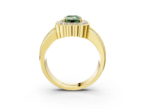 Yellow gold Fancy Green Emerald Cut Halo Diamond Split Shank Ring with Scalloped Prong Setting_3