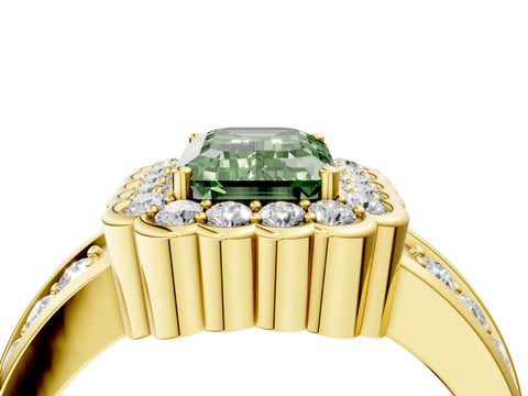 Yellow gold Fancy Green Emerald Cut Halo Diamond Split Shank Ring with Scalloped Prong Setting_4