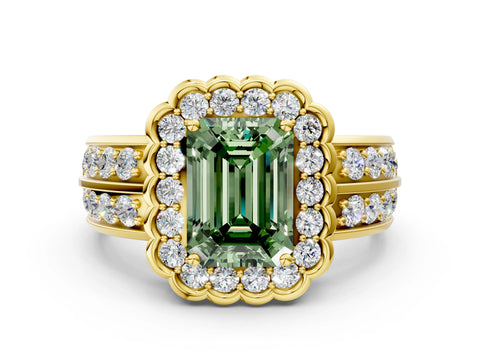 Yellow gold Fancy Green Emerald Cut Halo Diamond Split Shank Ring with Scalloped Prong Setting