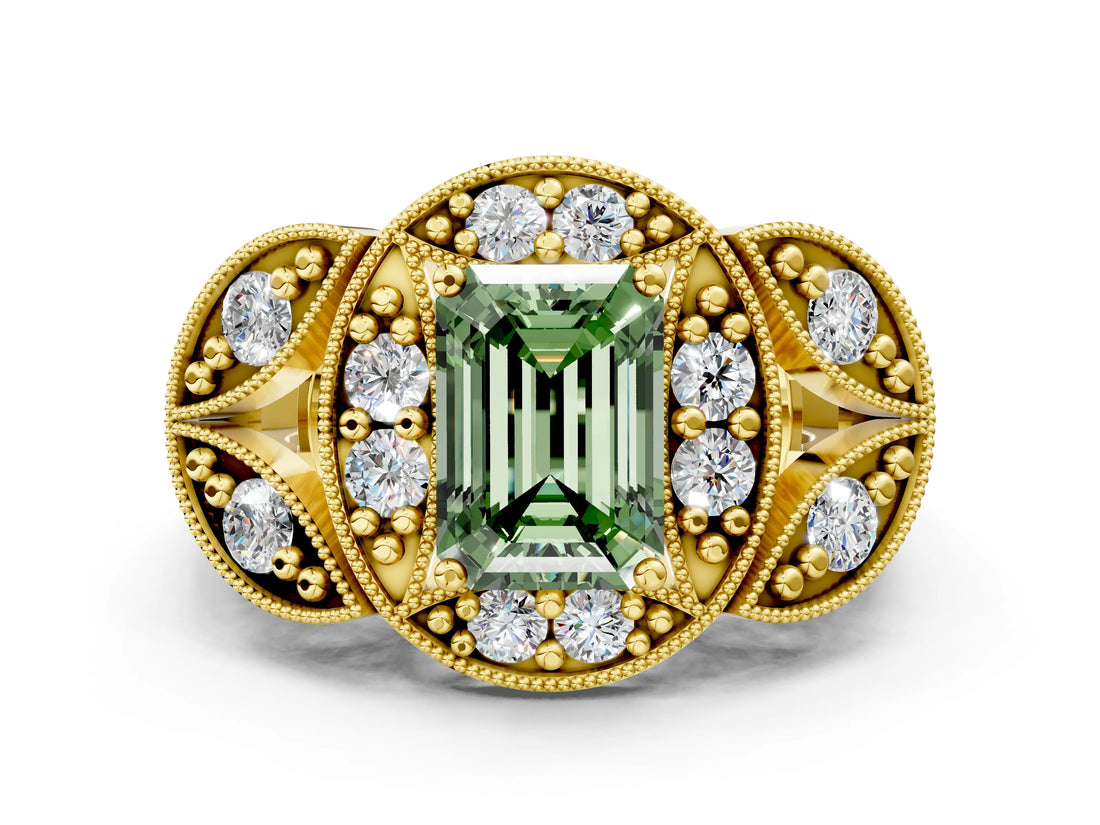 Yellow gold Fancy Green Emerald Cut Halo Milgrain Diamond Engagement Ring with Leaf Band and Four-Prong Setting