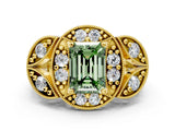 Yellow gold Fancy Green Emerald Cut Halo Milgrain Diamond Engagement Ring with Leaf Band and Four-Prong Setting
