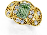 Yellow gold Fancy Green Emerald Cut Halo Milgrain Diamond Engagement Ring with Leaf Band and Four-Prong Setting_1