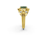 Yellow gold Fancy Green Emerald Cut Halo Milgrain Diamond Engagement Ring with Leaf Band and Four-Prong Setting_2