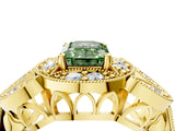 Yellow gold Fancy Green Emerald Cut Halo Milgrain Diamond Engagement Ring with Leaf Band and Four-Prong Setting_4