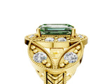 Yellow gold Fancy Green Emerald Cut Halo Milgrain Diamond Engagement Ring with Leaf Band and Four-Prong Setting_5
