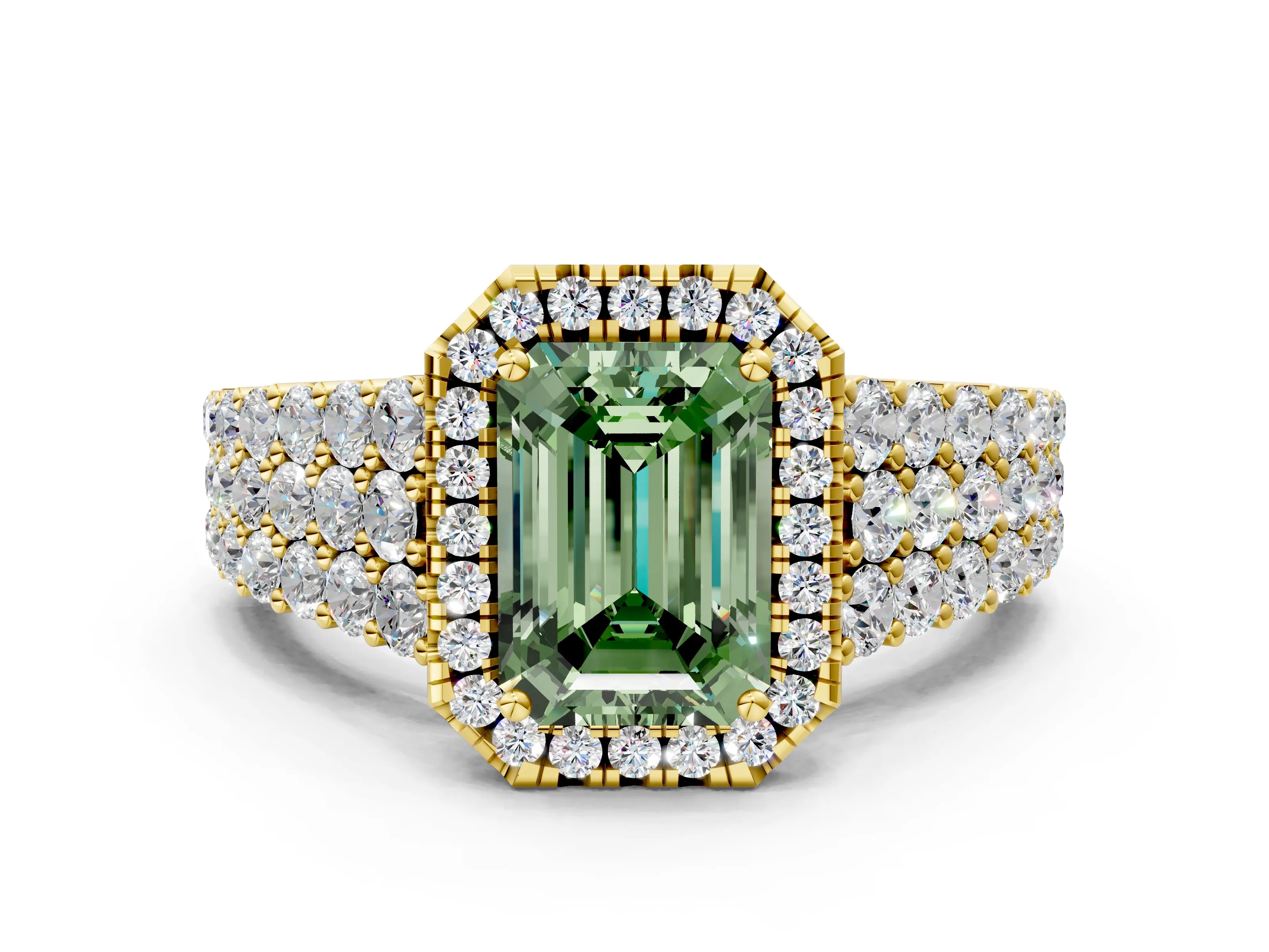 Yellow gold Fancy Green Emerald Cut Halo Pavé Diamond Engagement Ring with Split Shank and Four-Prong Setting_3