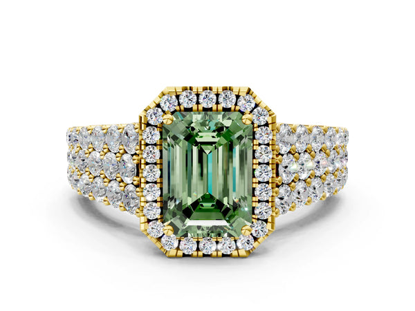 Yellow gold Fancy Green Emerald Cut Halo Pavé Diamond Engagement Ring with Split Shank and Four-Prong Setting