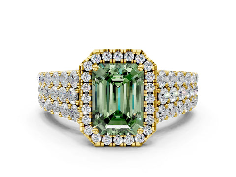 Yellow gold Fancy Green Emerald Cut Halo Pavé Diamond Engagement Ring with Split Shank and Four-Prong Setting_3