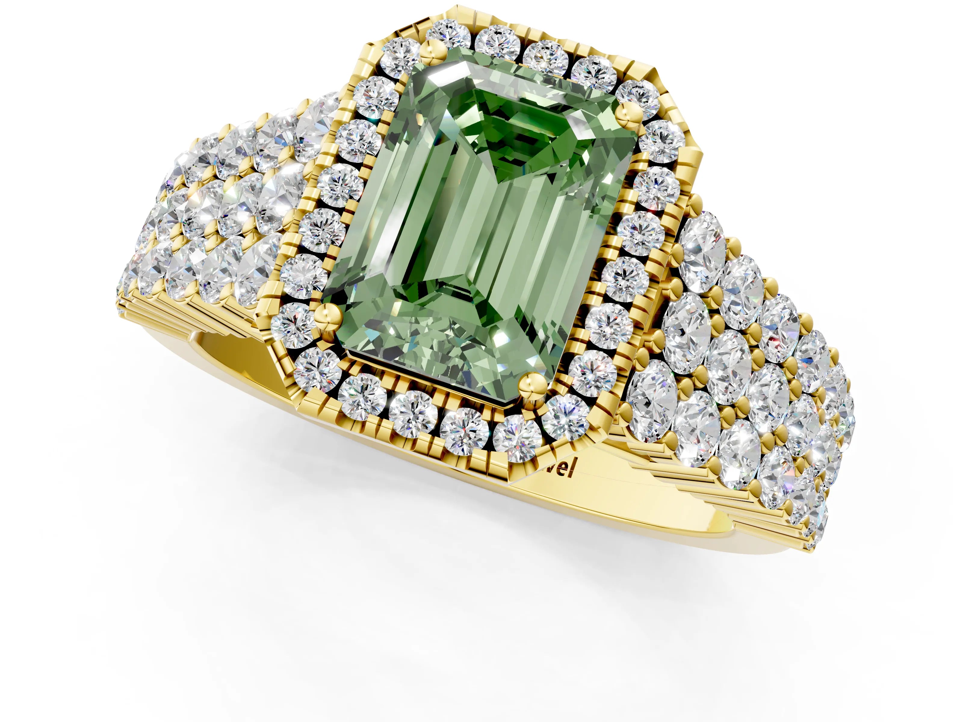 Yellow gold Fancy Green Emerald Cut Halo Pavé Diamond Engagement Ring with Split Shank and Four-Prong Setting_4
