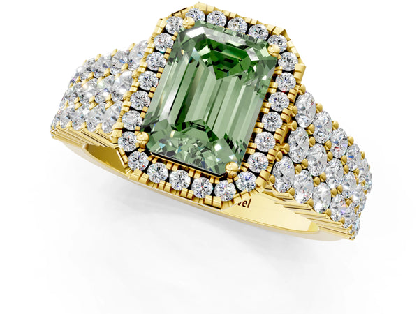 Yellow gold Fancy Green Emerald Cut Halo Pavé Diamond Engagement Ring with Split Shank and Four-Prong Setting