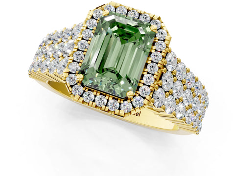 Yellow gold Fancy Green Emerald Cut Halo Pavé Diamond Engagement Ring with Split Shank and Four-Prong Setting_4