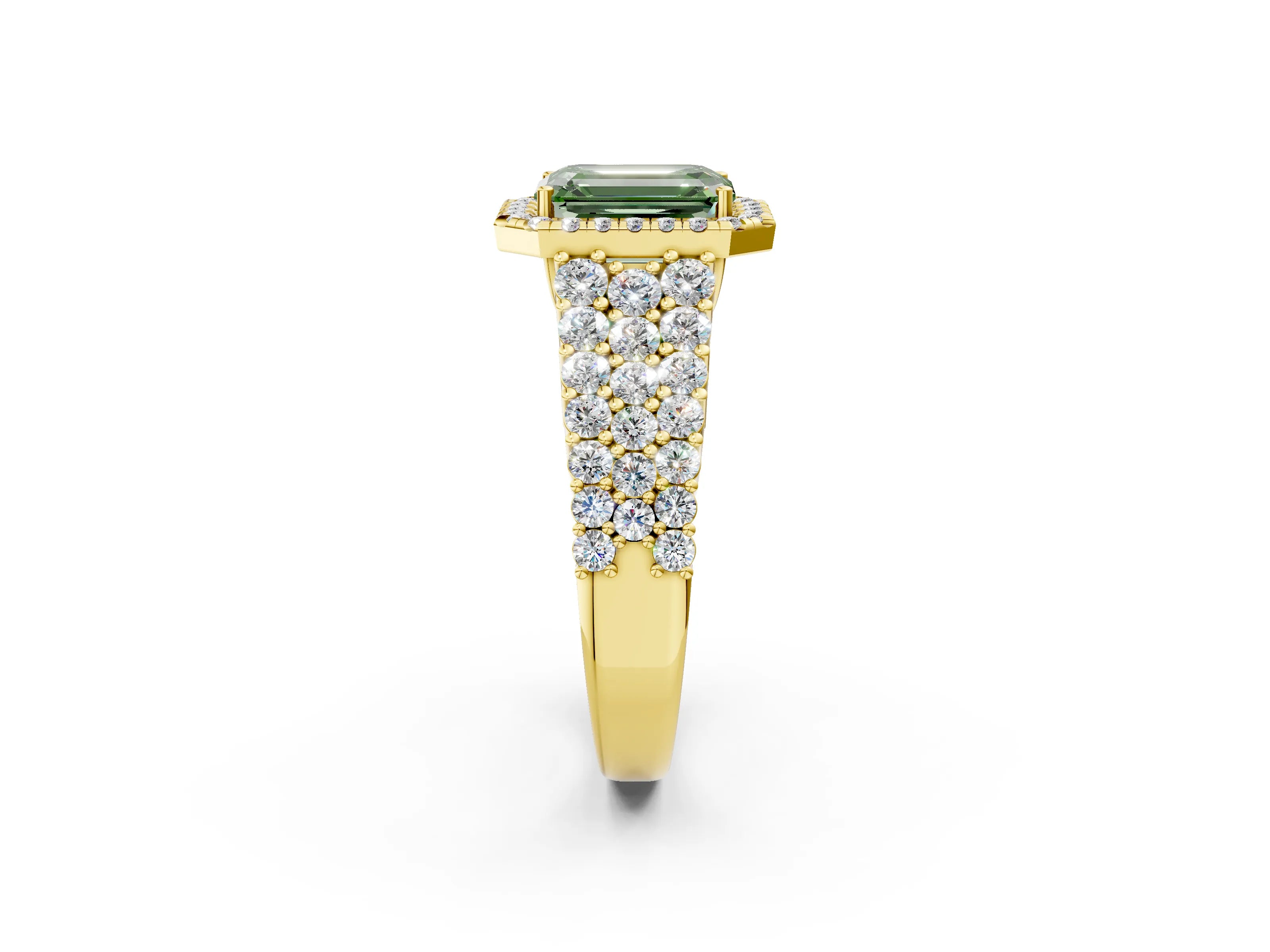 Yellow gold Fancy Green Emerald Cut Halo Pavé Diamond Engagement Ring with Split Shank and Four-Prong Setting_5
